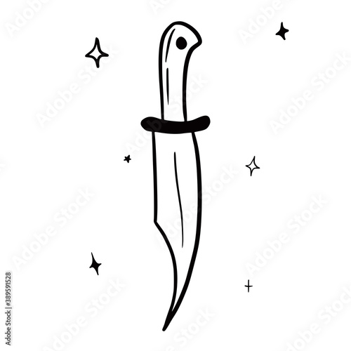 Hand drawn vector isolated dagger. Black outline illustration of magic dagger. Witchcraft aesthetic tools.
