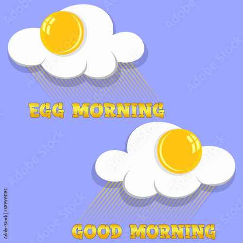 creative scrambled eggs breakfast logo with rays of light on blue background good morning or egg morning