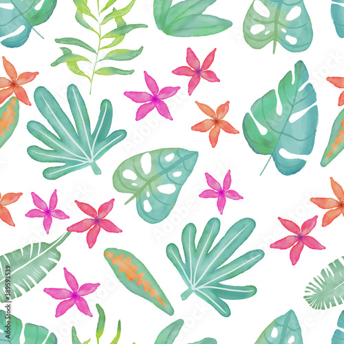 digital watercolor tropical leaves and flowers seamless pattern. Isolated on white.Green plants, botanical vector illustration, floral design.For gift wrapping, wallpaper, textile, scrubbing, web page