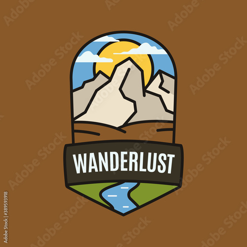 Vintage wanderlust adventure logo, hiking emblem design with camping scene, mountains and river. Unusual line art retro style sticker. Stock vector art