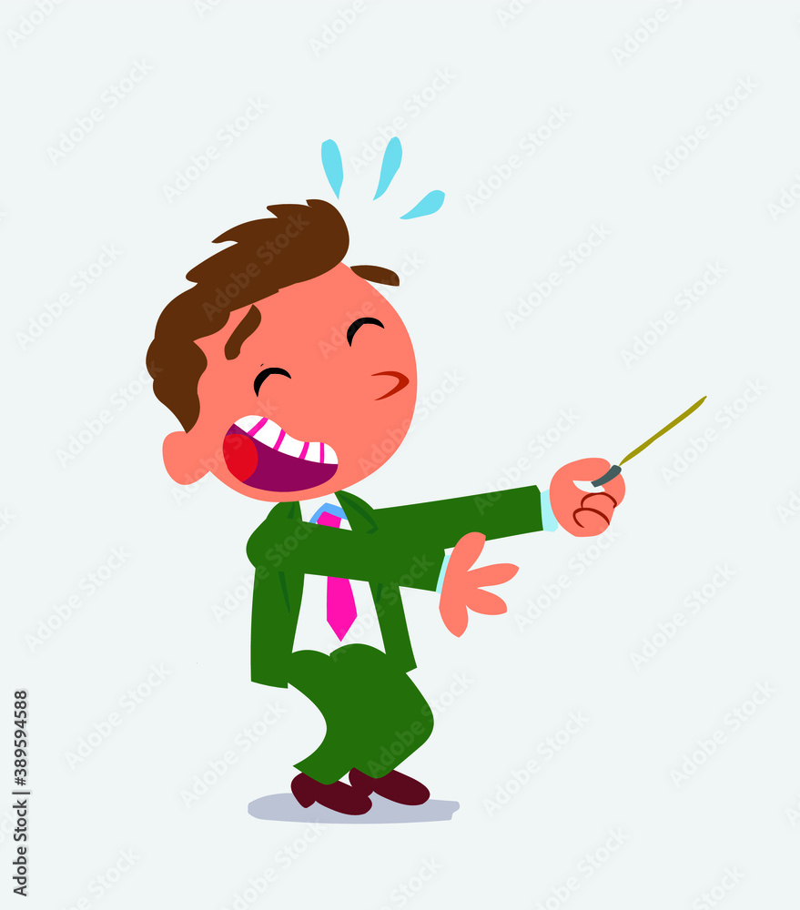 cartoon character of businessman laughs while pointing to the side with a pointer cartoon character of businessman laughs while pointing to the side with a pointer