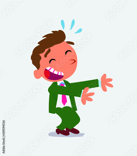 cartoon character of businessman laughing a lot while showing something