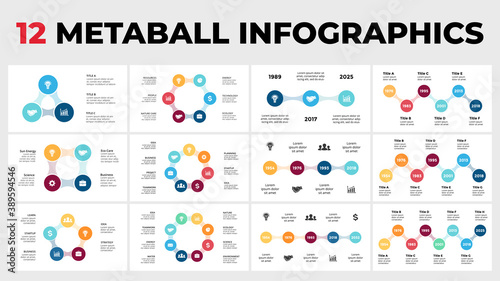 12 Metaball Infographics. Circle Diagrams and Timelines templates set for your presentation. 