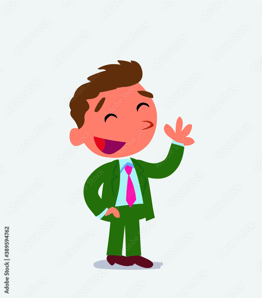  cartoon character of businessman waving informally while smiling