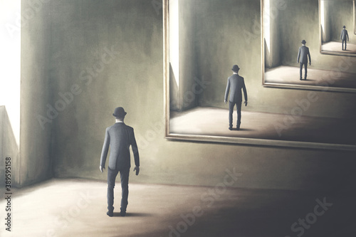 Fotografiet illustration of man reflecting himself in the mirror, loop surreal concept