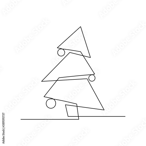 Continuous line drawing. Christmas tree with decorations. Coniferous tree with festive balls. Fir-tree of simple geometric shape. Black isolated on white background. Hand drawn vector illustration. 