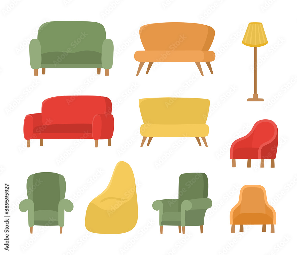 Cartoon flat vector set with armchairs and couches Cartoon flat vector set with armchairs and couches