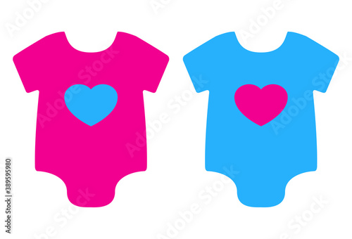Boutique de ropa de bebé. Icono plano con camiseta de bebé con corazón en color rosa y azul