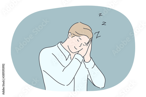 Business, sleep, fatigue, dream, insomnia concept. Tired idle businessman clerk manager cartoon character standing sleeping at workplace in dreaming pose. Rest after work and relaxation illustration.