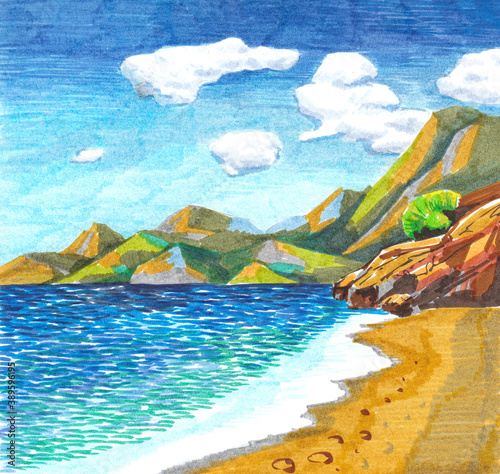 Seascape with markers, mountains on the coast with waves. 