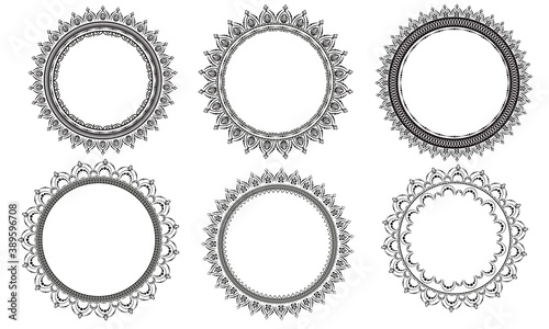 Set of circular patterns in form of mandala for henna. Mehndi.