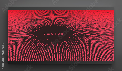 Small particles strive out of center. Array with dynamic particles. Abstract grid design. Vector illustration in technology style. Can be used for science or education.