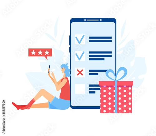 Online survey concept. Girl going through the survey on the smartphone screen. 