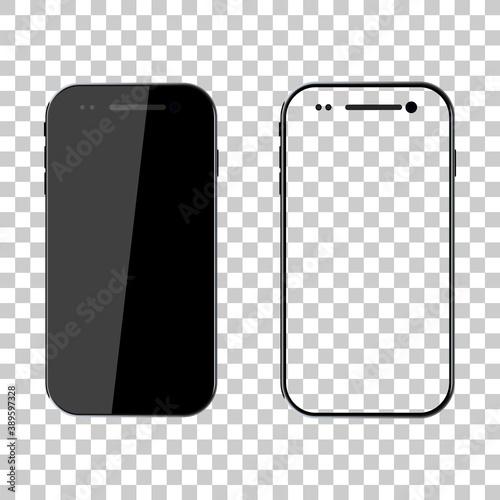 PNG mockup. Phone mock up. Black smartphone. Mobile cellphone with blank screen isolated on transparent background. Template and frame of smart. Realistic 3d 6,7 ui for app, background. Vector