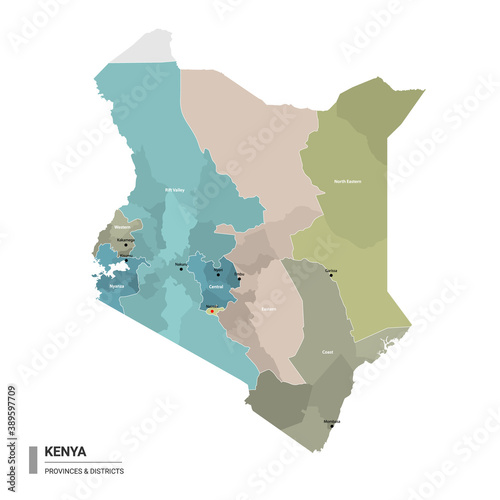 Kenya higt detailed map with subdivisions. Administrative map of Kenya with districts and cities name, colored by states and administrative districts. Vector illustration photo