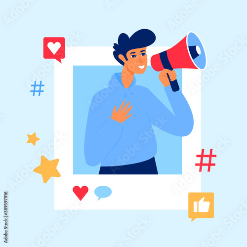 Virtual influence concept. Male blogger with megaphone. Online marketing.