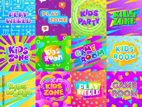 Game room banners. Kid fun signs, child playground play area stickers. Color typography entertainment labels, children club vector posters. Children zone, playground game, activity banner illustration