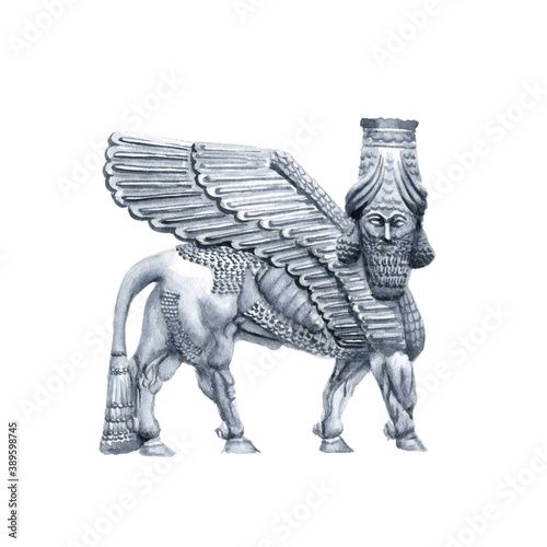 Watercolor drawing monochrome Assyrian sculpture of a bull with wings and a human head