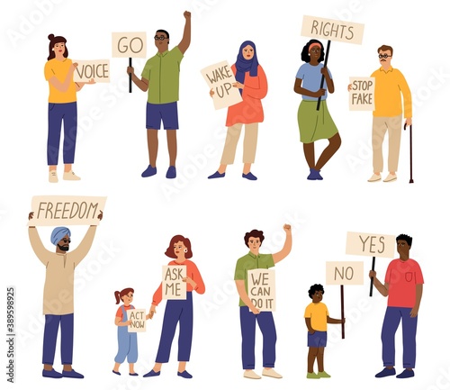 Protest crowd. People holding placard, girl with blank banner. Isolated demonstration team, cartoon activists worker strike vector characters. Protesting manifestation, guy protest worker illustration