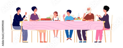 Big dinner. Diverse generations eating together, happy family lunch time. Weekend meeting, Thanksgiving or Christmas holidays vector concept. Dinner table family, together eating illustration