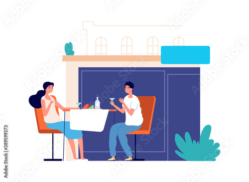 Couple in restaurant. Cafe date, tourists or travellers taste food drinks. Cartoon flat man woman or family in love vector characters. Cafe and restaurant couple eating at date illustration