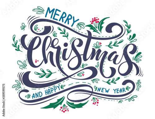 Merry Christmas and Happy New Year Vintage background with typography. Drawn by hands. Vector image.