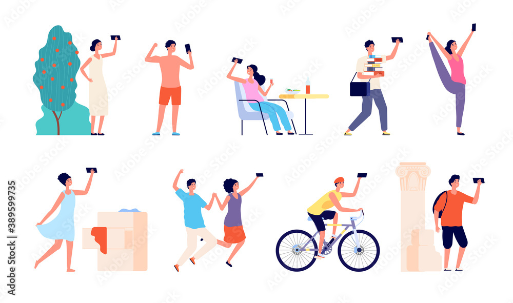 People selfie characters. Cartoon young male, millennials taking phone photo. Flat students teen adult smartphones utter vector set. Illustration smartphone selfie person, couple photo at camera People selfie characters. Cartoon young male, millennials taking phone photo. Flat students teen adult smartphones utter vector set. Illustration smartphone selfie person, couple photo at camera