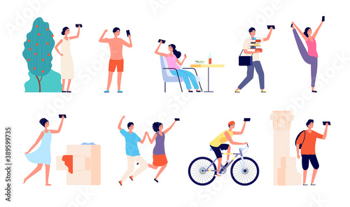 People selfie characters. Cartoon young male, millennials taking phone photo. Flat students teen adult smartphones utter vector set. Illustration smartphone selfie person, couple photo at camera