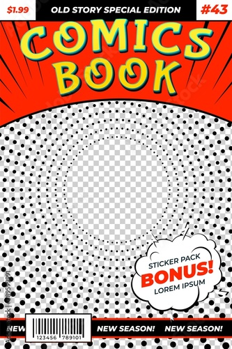 Comic book template. Colourful brochure, retro comics magazine cover. Art front title page, pop style dotted poster recent vector background. Illustration cover flyer page, comic book editable