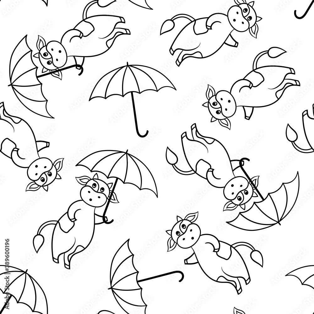 Seamless pattern with cute cow with an umbrella from the rain, coloring page