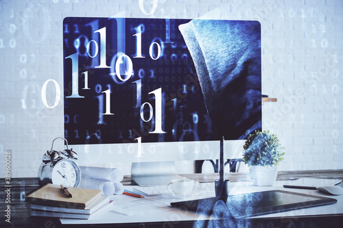 Double exposure of desktop with computer on background and tech theme drawing. Concept of big data.