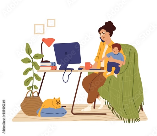 Mother work from home. Working mom, busy freelancer holding baby. Woman sitting desk talk phone swanky vector concept. Illustration mother with baby freelance, woman freelancer busy child and work