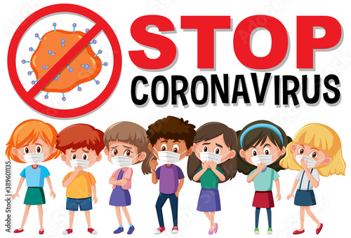Stop coronavirus logo with group of teenager cartoon character