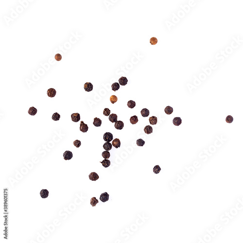 Black pepper isolated on a white background. Top view