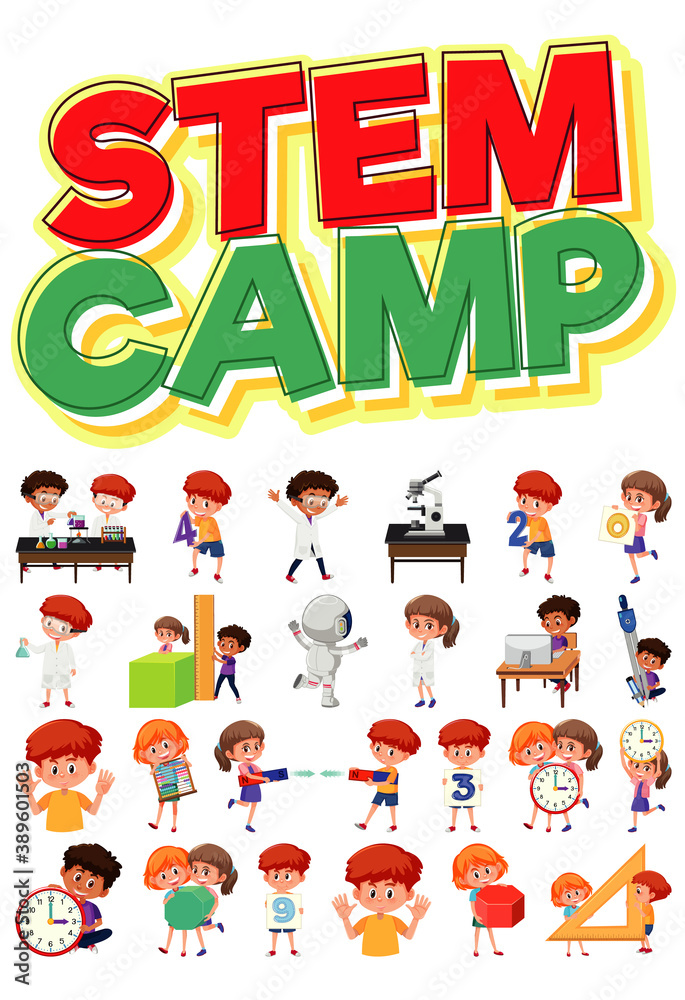 Stem camp logo and set of children with education objects isolated