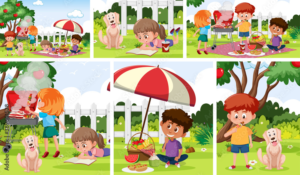 Children with outdoor background set