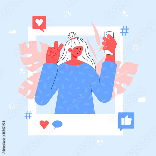 Blogger girl taking selfie with smartphone. Blogging and influence concept. Vector illustration. Social media marketing. 