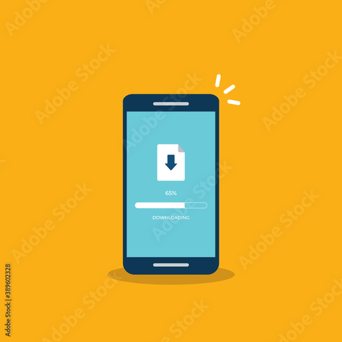 Downloading process on smartphone screen. Software interface background. Flat style vector illustration.