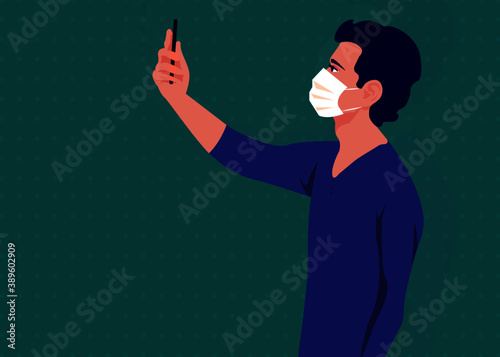 Illustration abstraction of a young man is taking selfie in covid-19 while wearing mask for protection, coronavirus protection stay home stay safe concept isolated