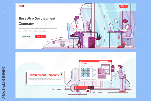 Web development company landing pages set. Full stack software engineering corporate website. Flat line vector illustration with people characters. Web concept use as header, footer or middle content.