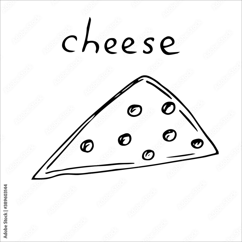 Triangular piece of cheese, vector illustration, hand drawing Triangular piece of cheese, vector illustration, hand drawing