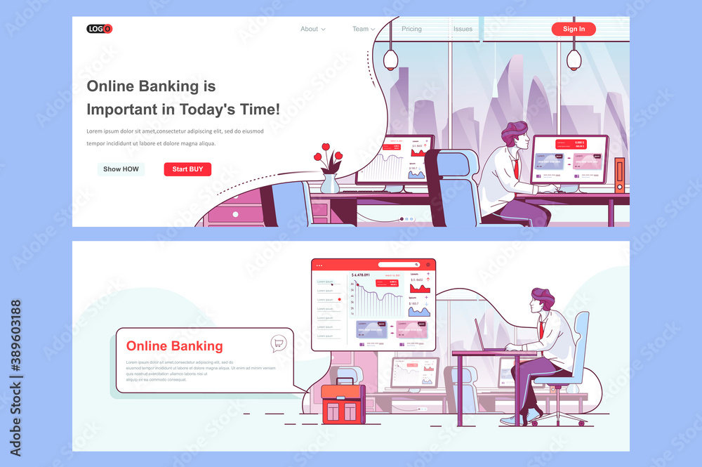 Online banking landing pages set. Financial accounting and payment service corporate website. Flat line vector illustration with people characters. Web concept use as header, footer or middle content.