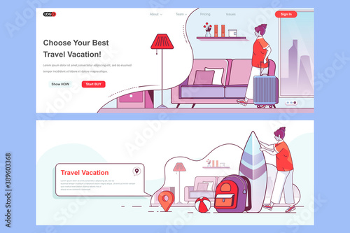 Travel vacation landing pages set. Booking of tickets, travel agency corporate website. Flat line vector illustration with people characters. Web concept use as header, footer or middle content.