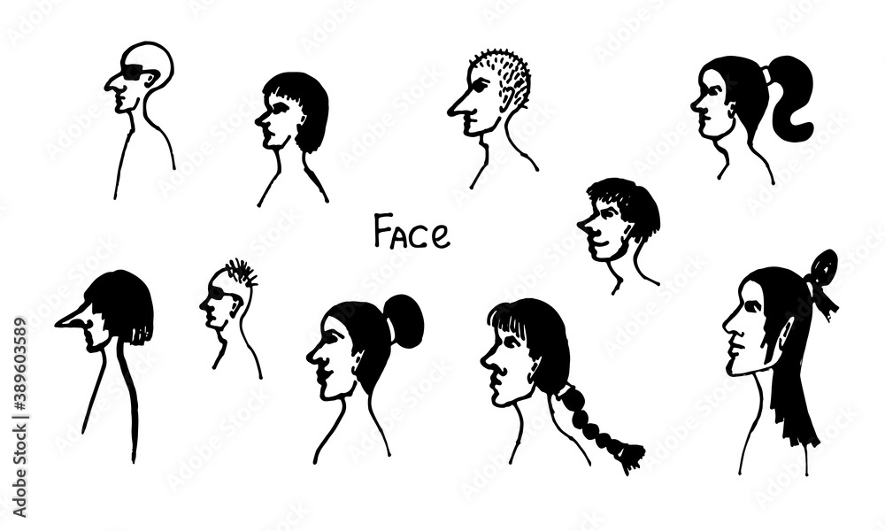 Obraz premium Half face silhouette. Vector hand drawn ink illustration. Collection of people's heads side view. Simple line art portrait