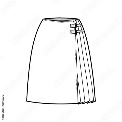 Skirt kilt wrap technical fashion illustration with straight knee silhouette, close with carabiner connector. Flat bottom template front, white color style. Women, men, unisex CAD mockup