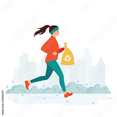 Young woman collects litter, garbage, waste while jogging. Plogging in the city park. Eco and environmentally friendly ecological concept. Healthy lifestyle. Isolated vector illustration