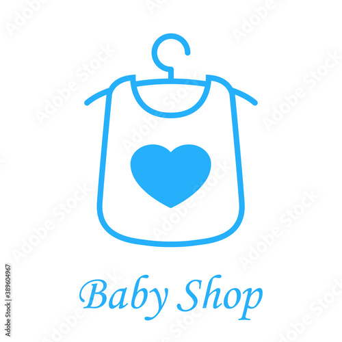 Boutique de ropa de bebé. Logotipo con texto Baby Shop y babero de bebé con corazón en percha en líneas de color azul