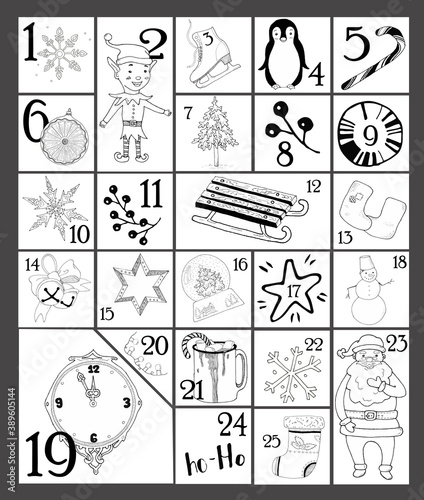 Christmas calendar in doodle style with holiday elements - tree, Santa, gnome, elf, snowflake, star, sleigh, snow globe, snowman, felt boots, sock, mittens, hot chocolate. Christmas poster coloring