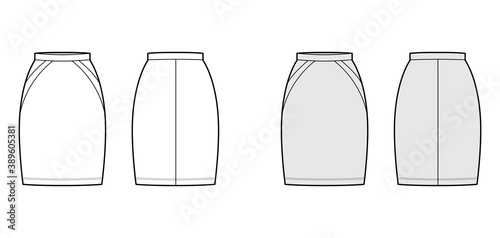 Skirt sheath technical fashion illustration with straight above-the-knee silhouette, pencil fullness, thin waistband. Flat bottom template front, back, white grey color style. Women, men, CAD mockup