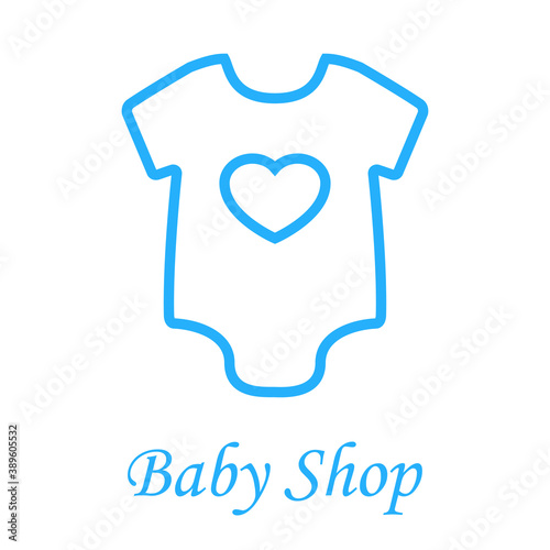 Boutique de ropa de bebé. Logotipo con texto Baby Shop y camiseta de bebé con corazón en líneas de color azul